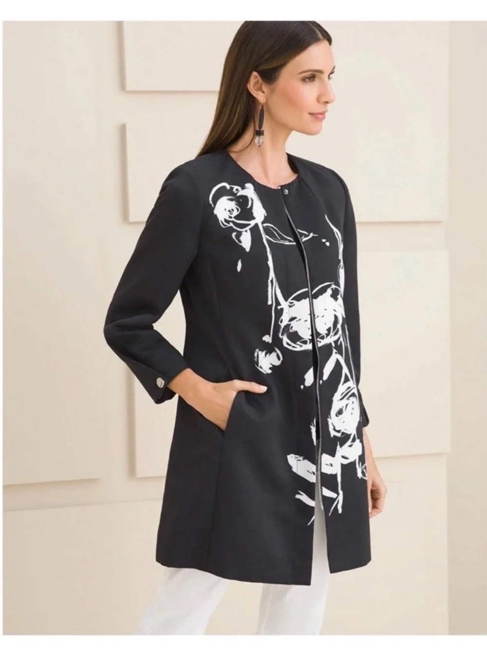 Chico's Black Coat with White Floral Brushstroke Print